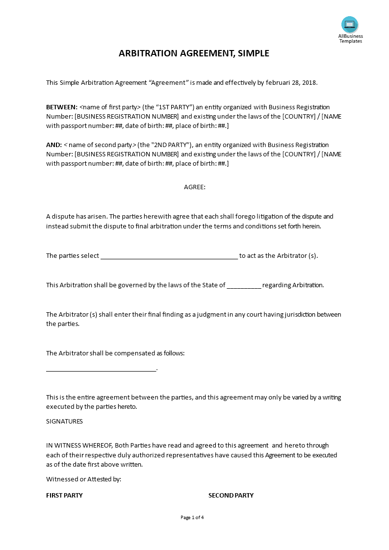 arbitration agreement template