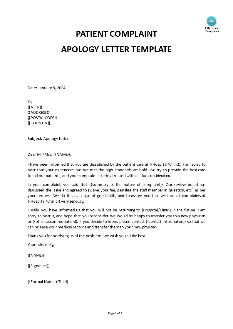 Patient Complaint Apology Letter 模板