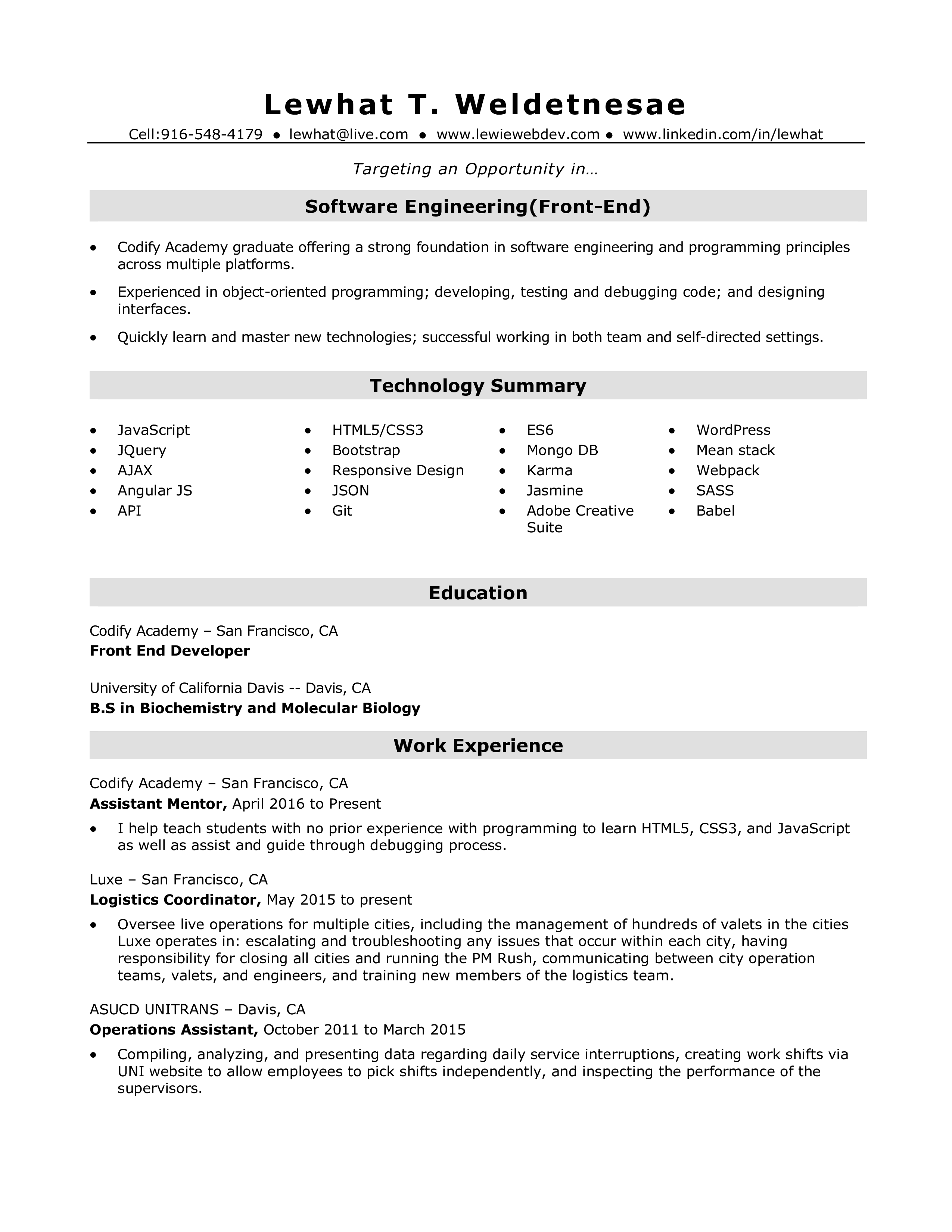 Software Engineering Fresher Resume 模板