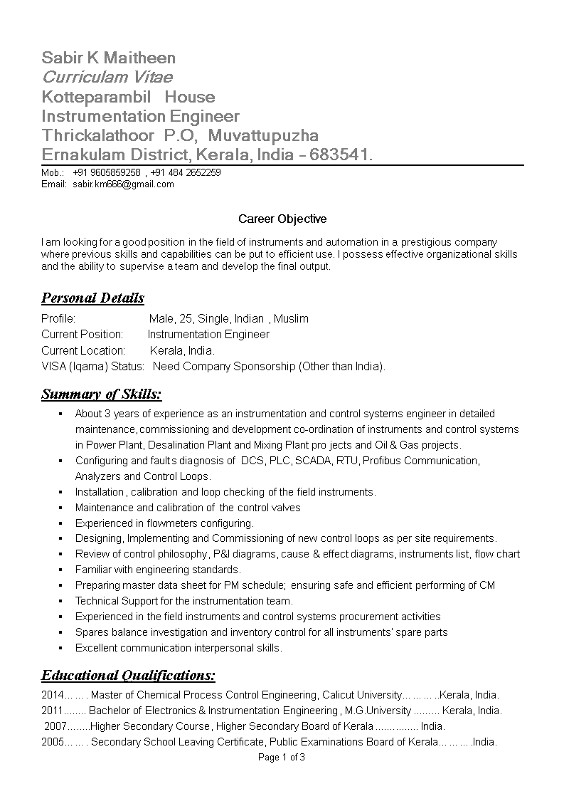 instrumentation engineering resume sample template