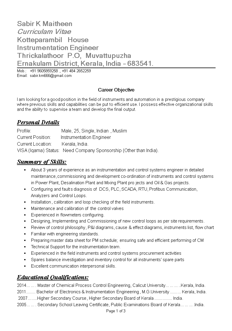 Instrumentation Engineering Resume Sample 模板