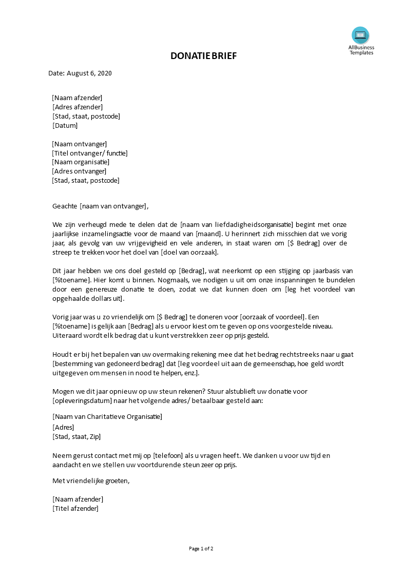 donatiebrief help mensen in nood template voorbeeld afbeelding 