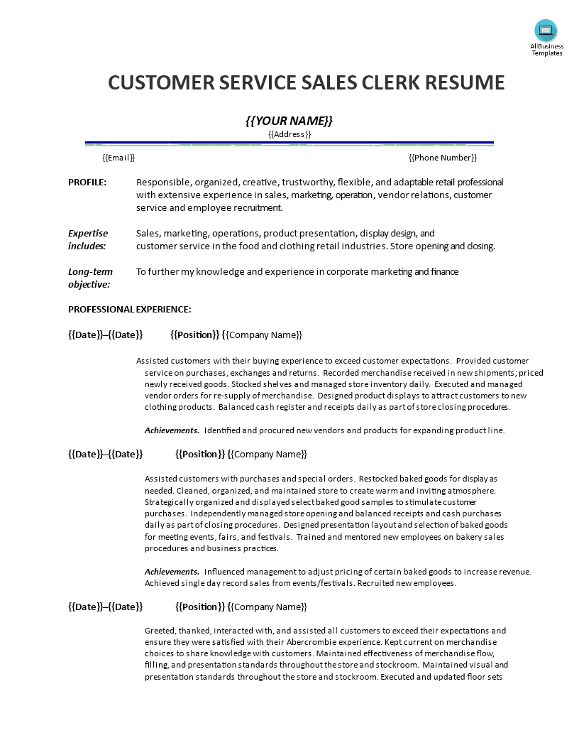 customer service sales clerk resume template