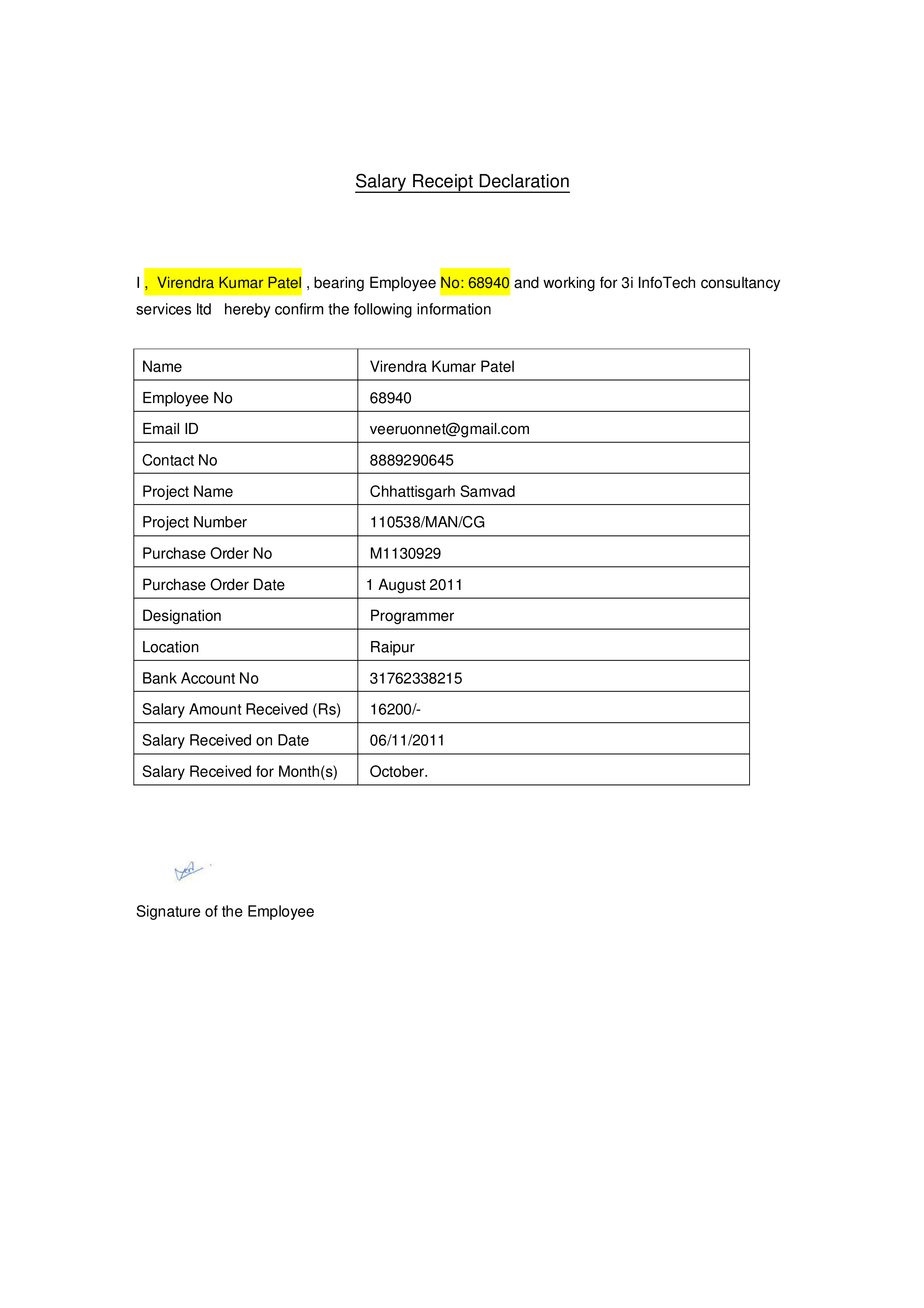 salary declaration receipt Hauptschablonenbild