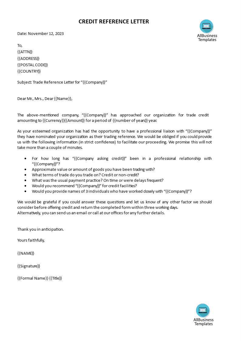 trade credit reference letter template