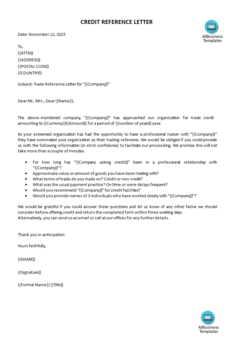 trade credit reference letter Hauptschablonenbild