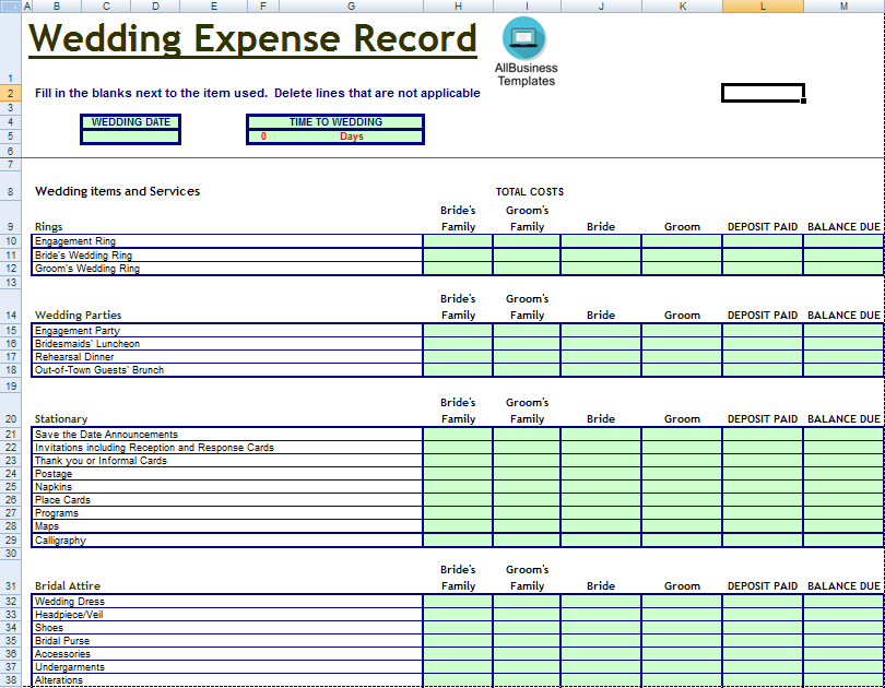 wedding expense budget record Hauptschablonenbild