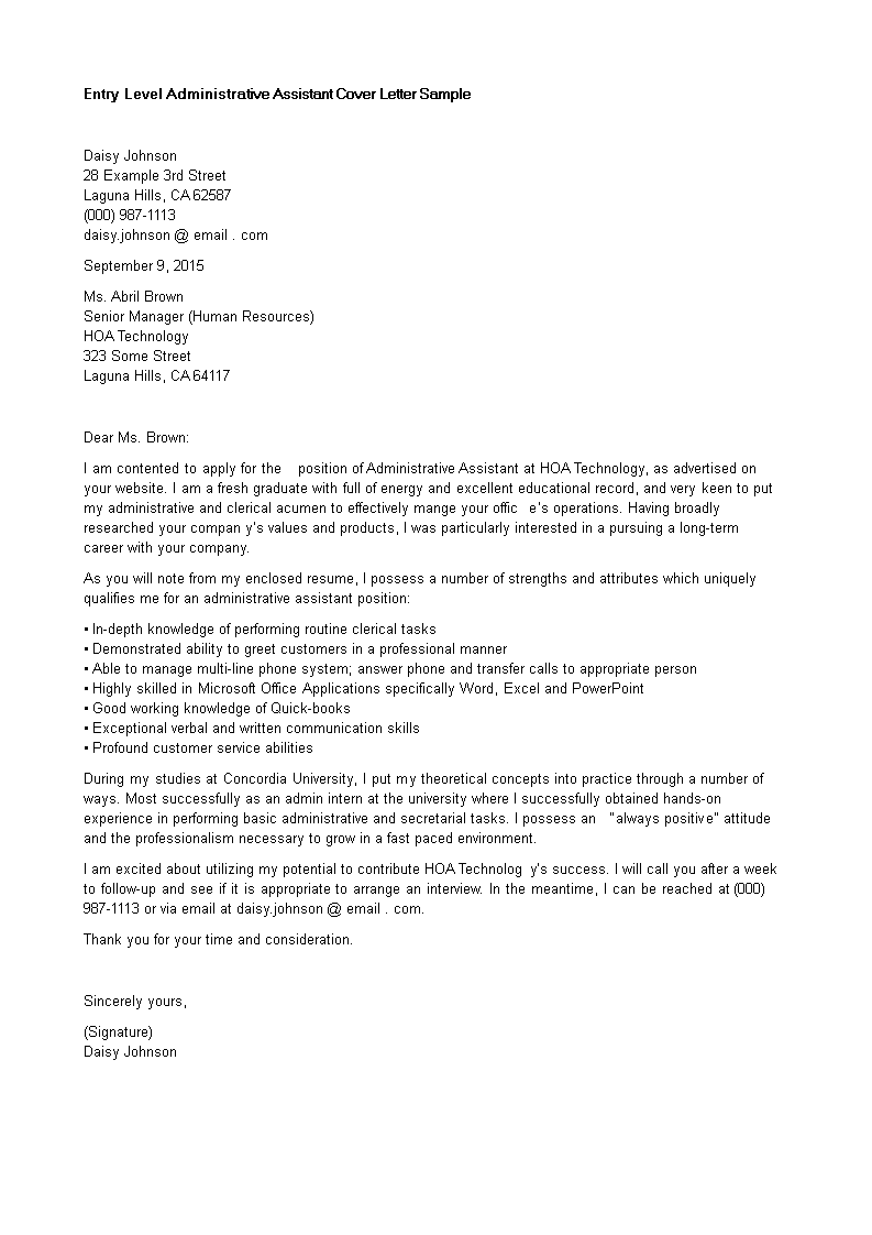 sample cover letter for administrative assistant job application