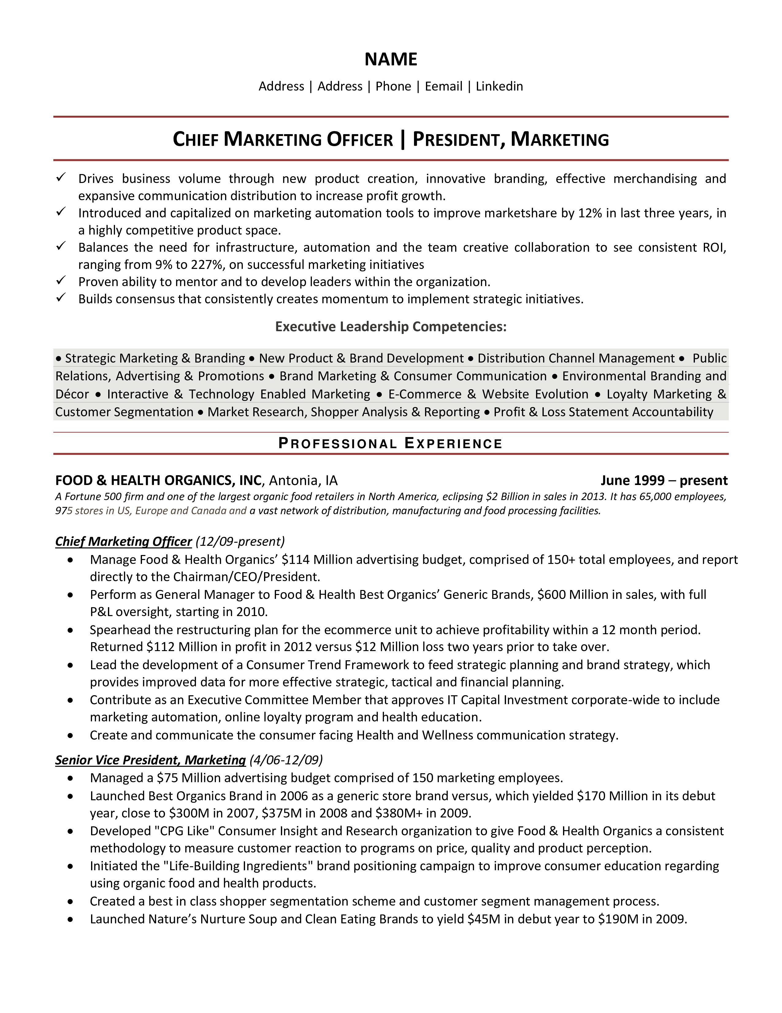 chief marketing officer resume modèles