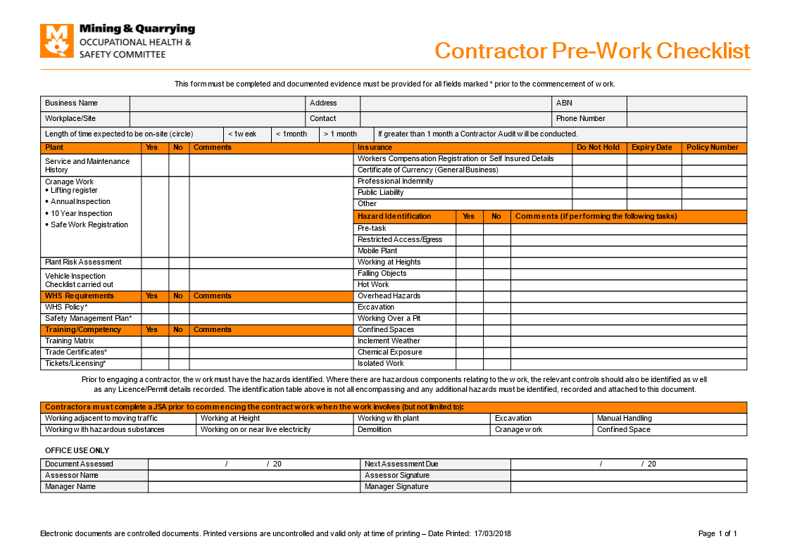 Contractor Pre Work Checklist 模板
