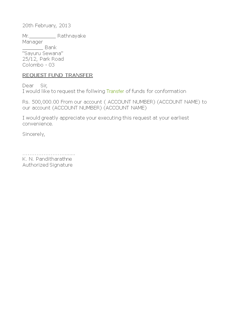 fund transfer confirmation letter template