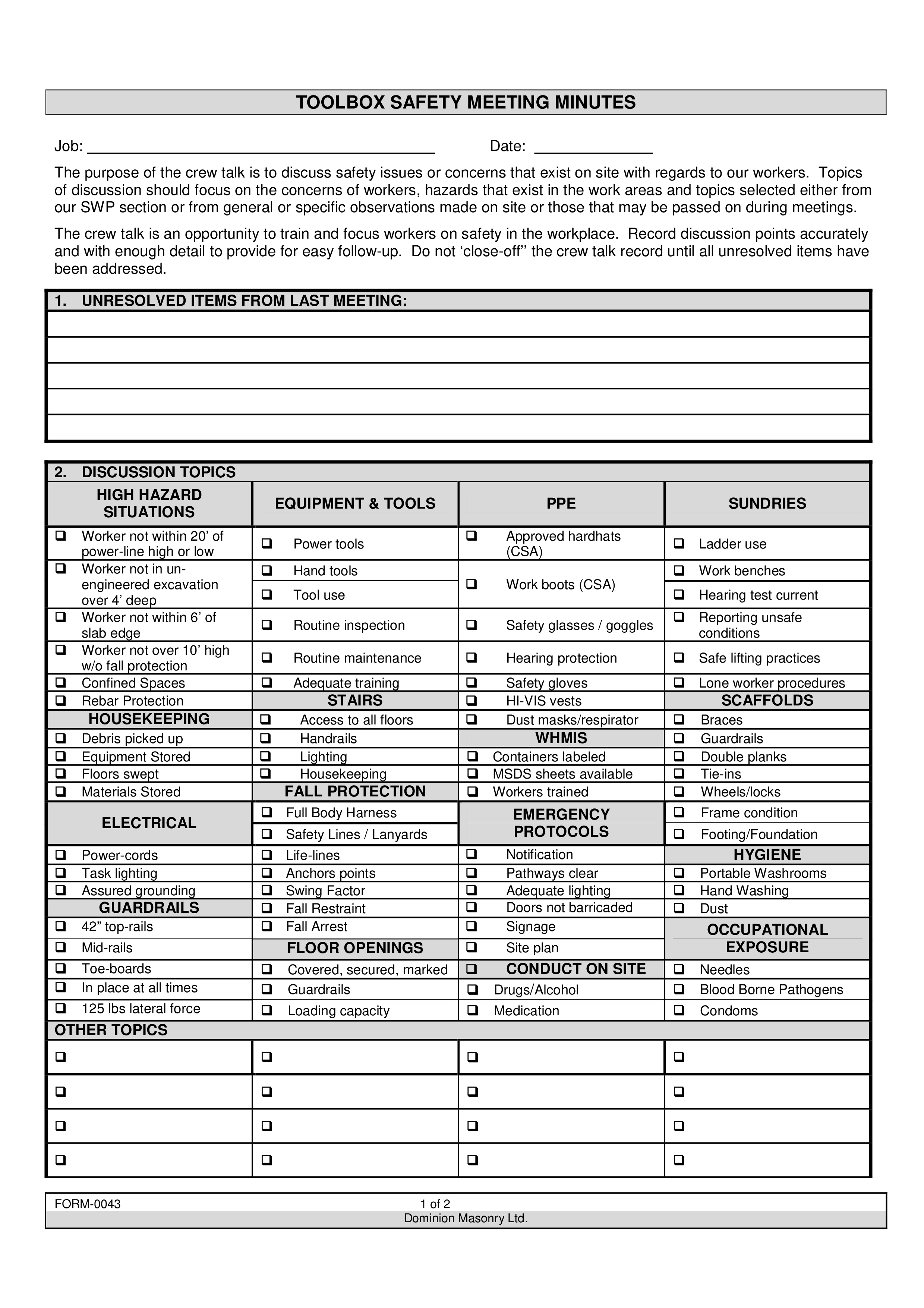 toolbox safety meeting minutes modèles