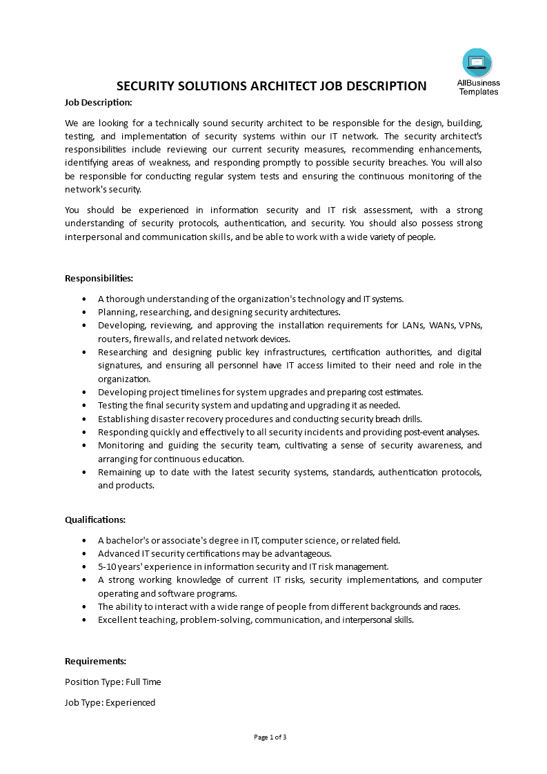 Security Solutions Architect Job Description main image