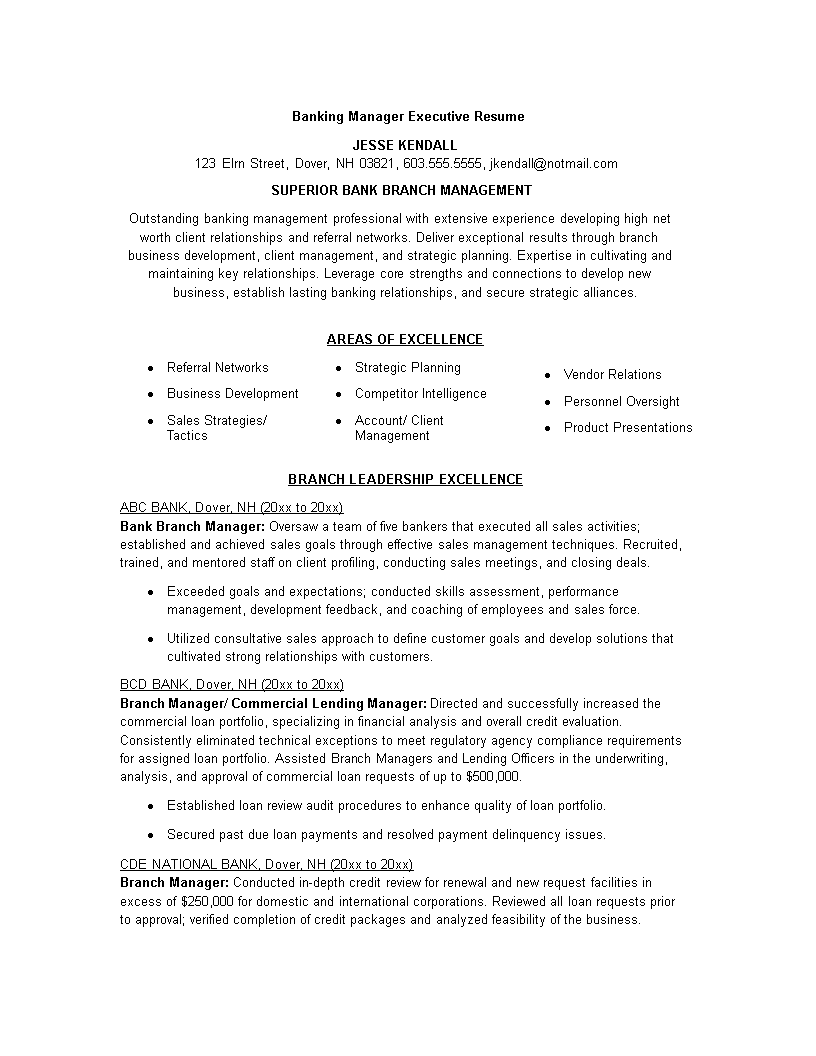 Banking Manager Executive Resume main image