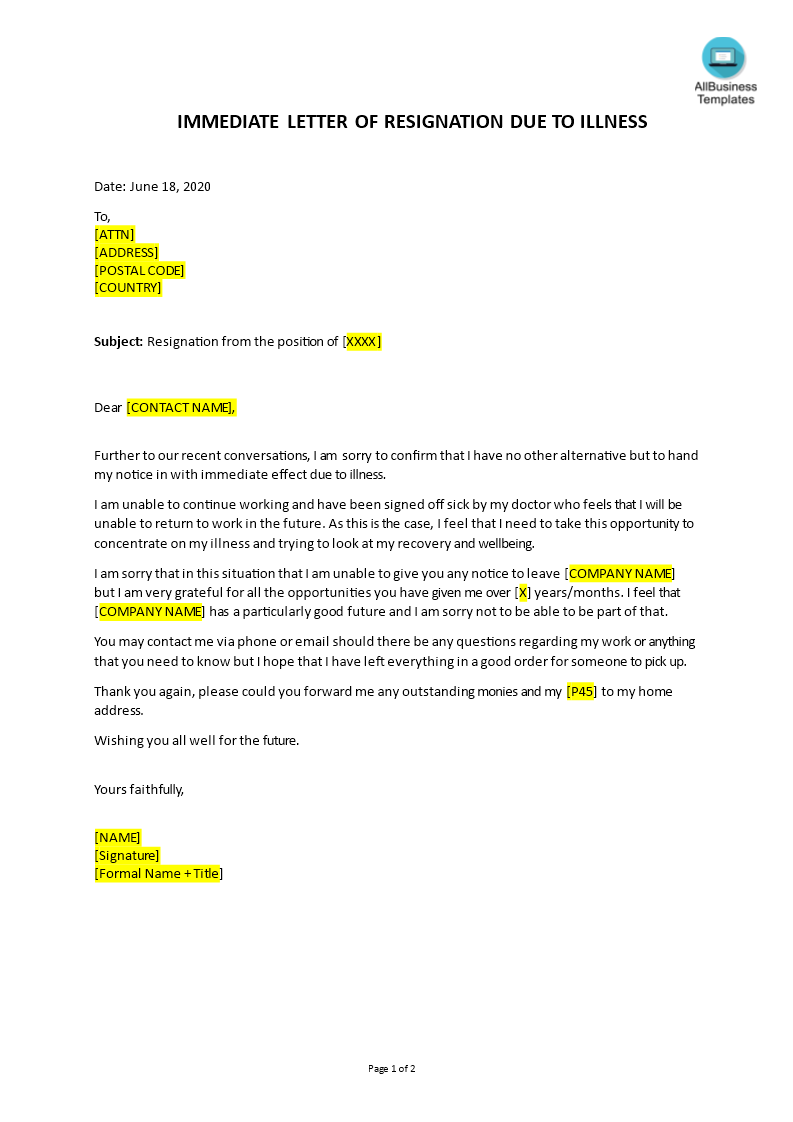 Resignation Letter Due To Medical Reasons from www.allbusinesstemplates.com