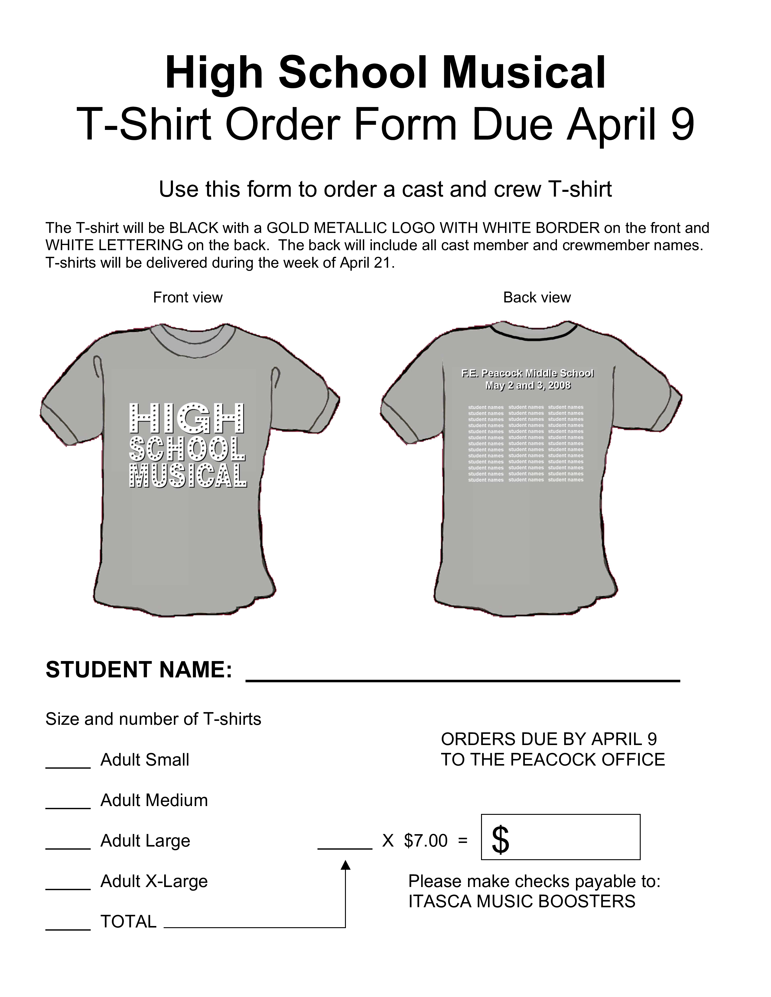 high school t shirt order form template