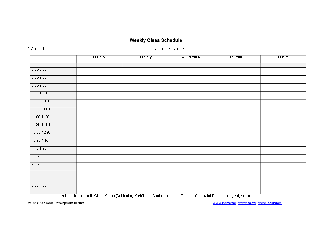 Weekly Class Schedule main image