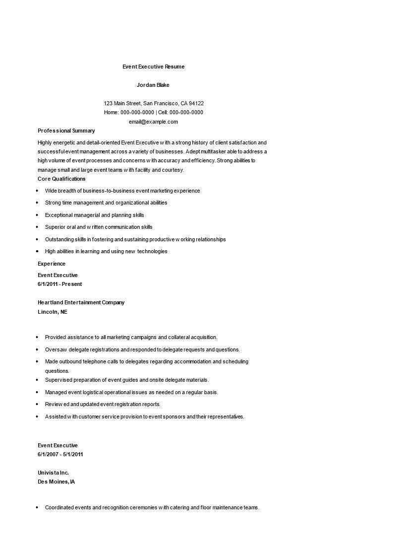 event executive resume modèles