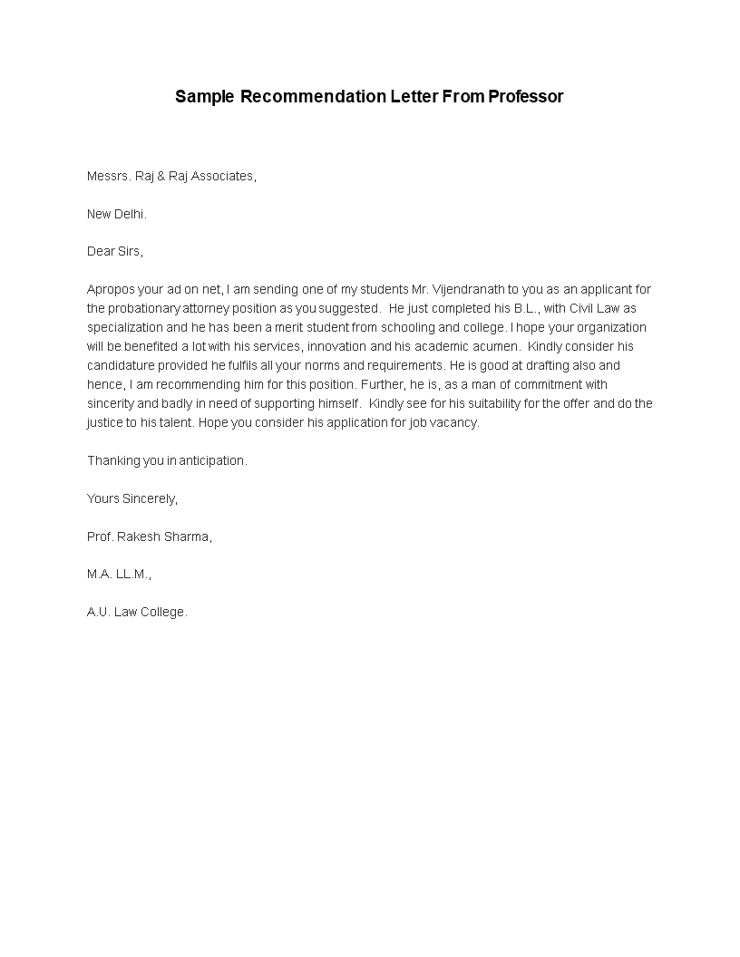 Recommendation Letter From Professor  Templates at