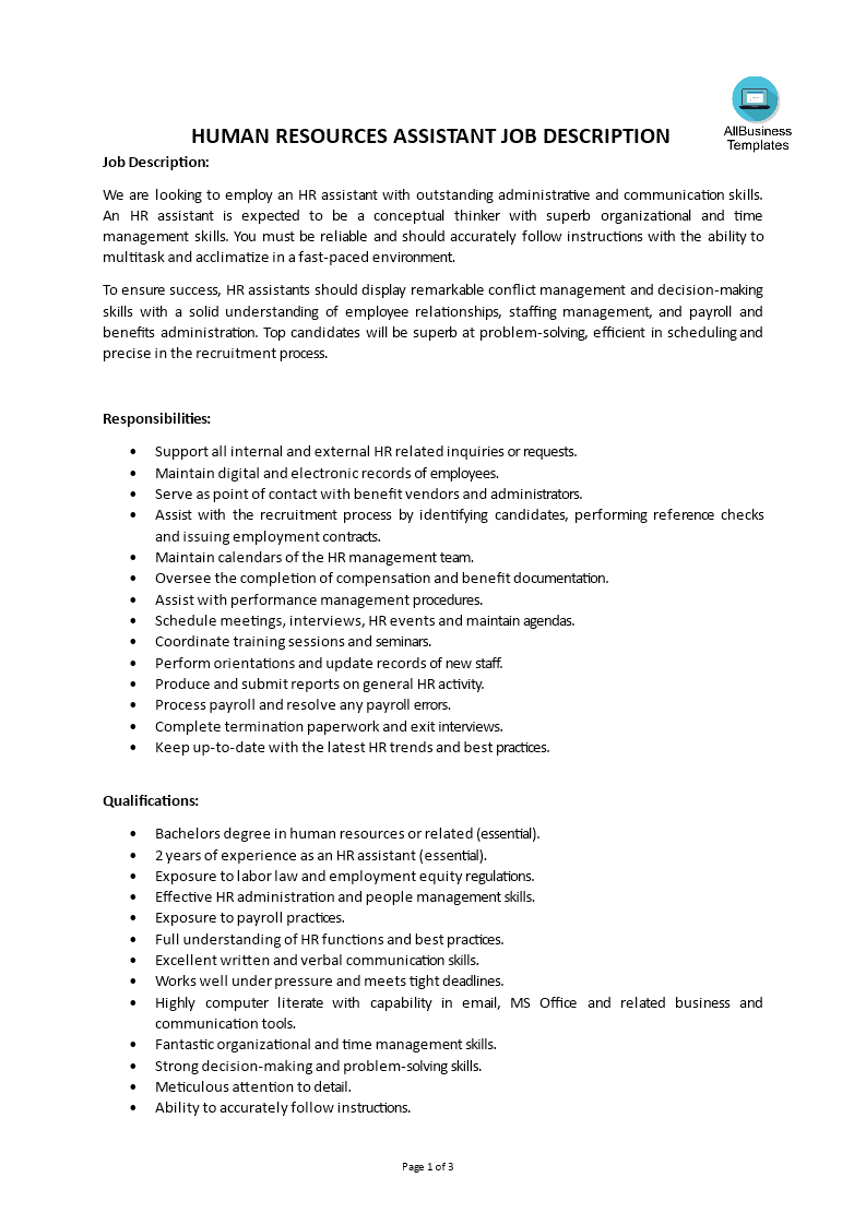 human resources assistant job description voorbeeld afbeelding 