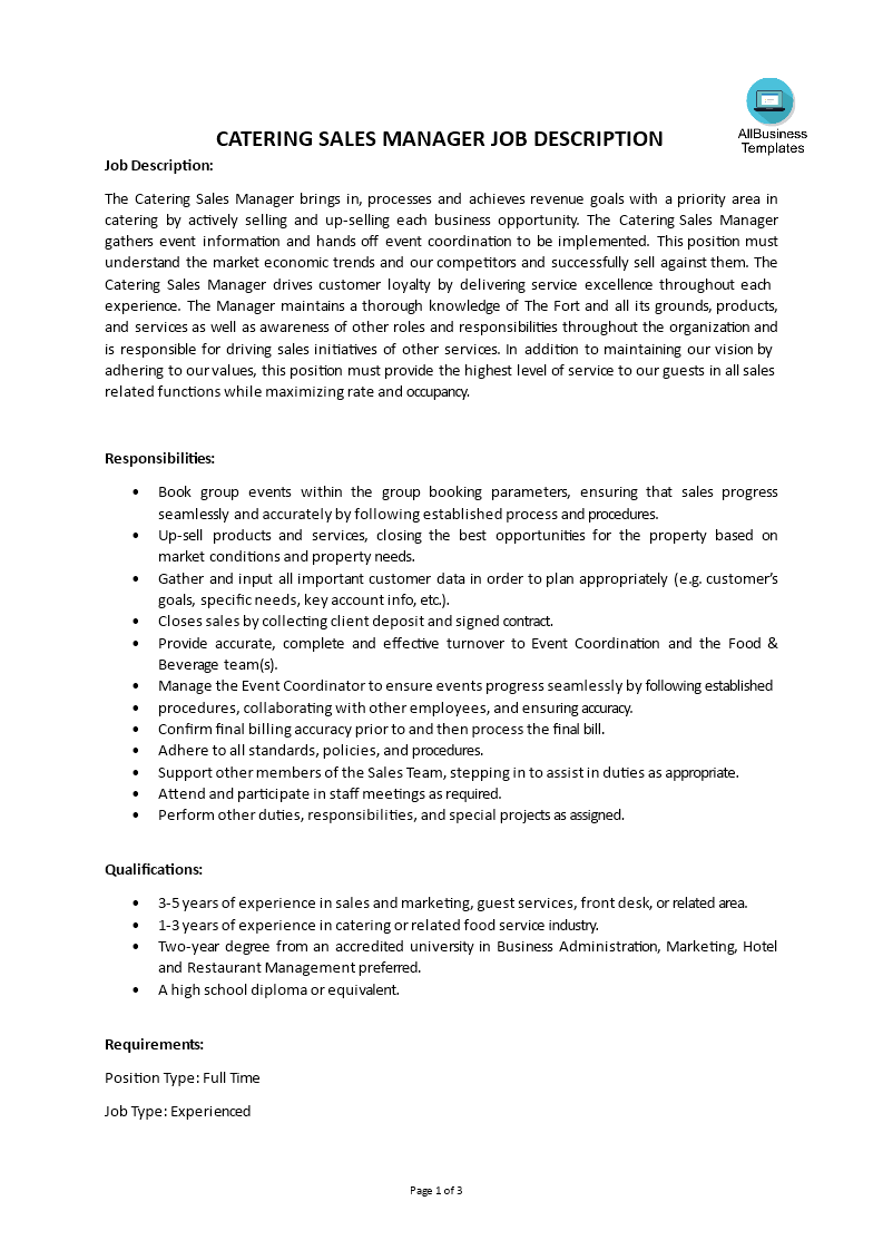 catering sales manager job description template