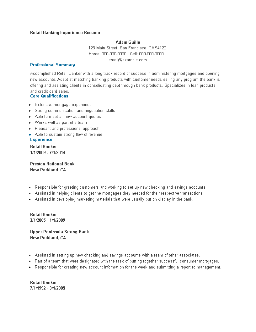 Retail Banking Experience Resume main image