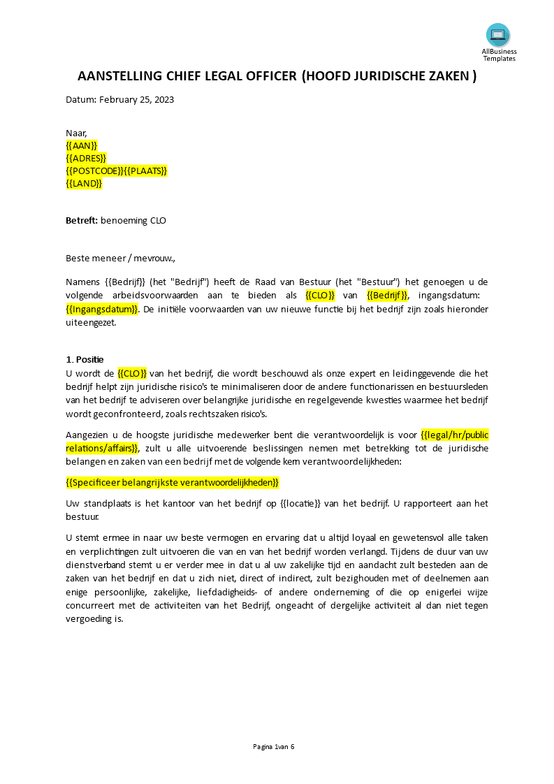 chief legal officer (clo) aanstellingsbrief template
