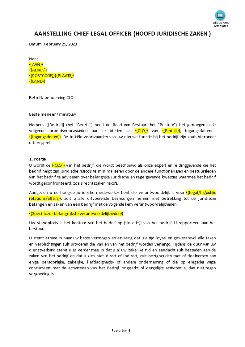 chief legal officer (clo) aanstellingsbrief Hauptschablonenbild