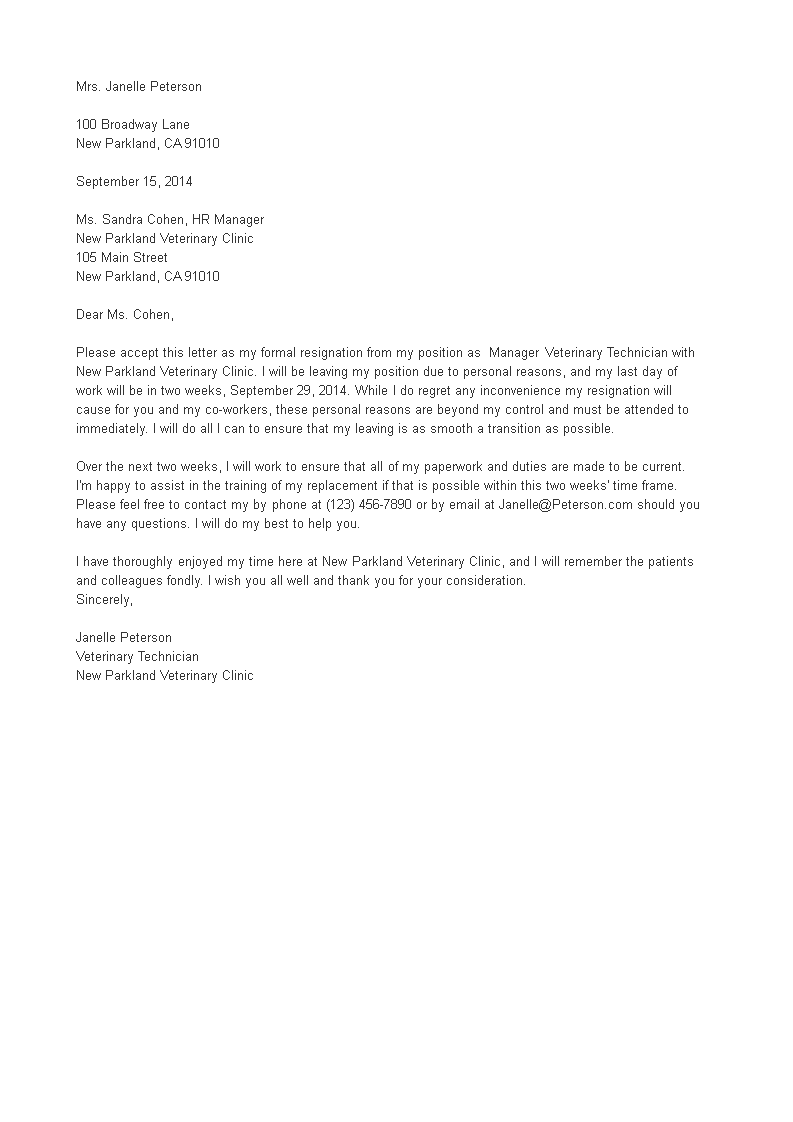 manager personal resignation letter template