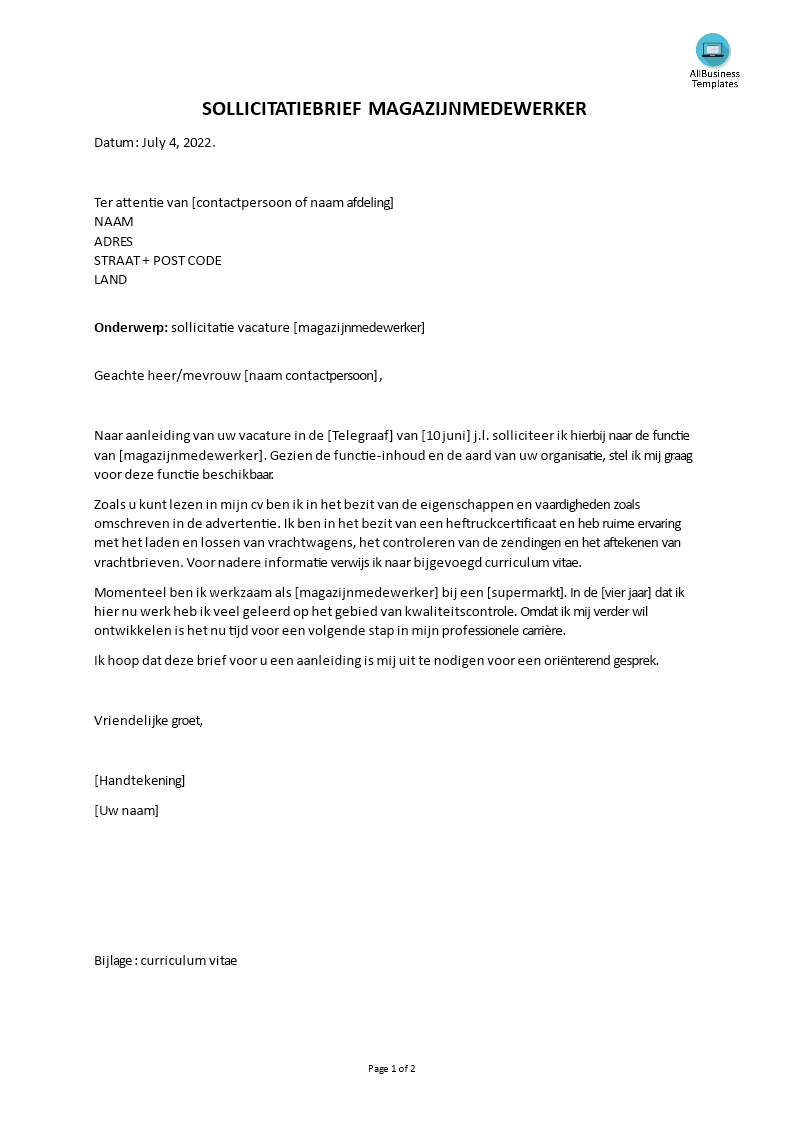 sollicitatiebrief magazijnmedewerker template