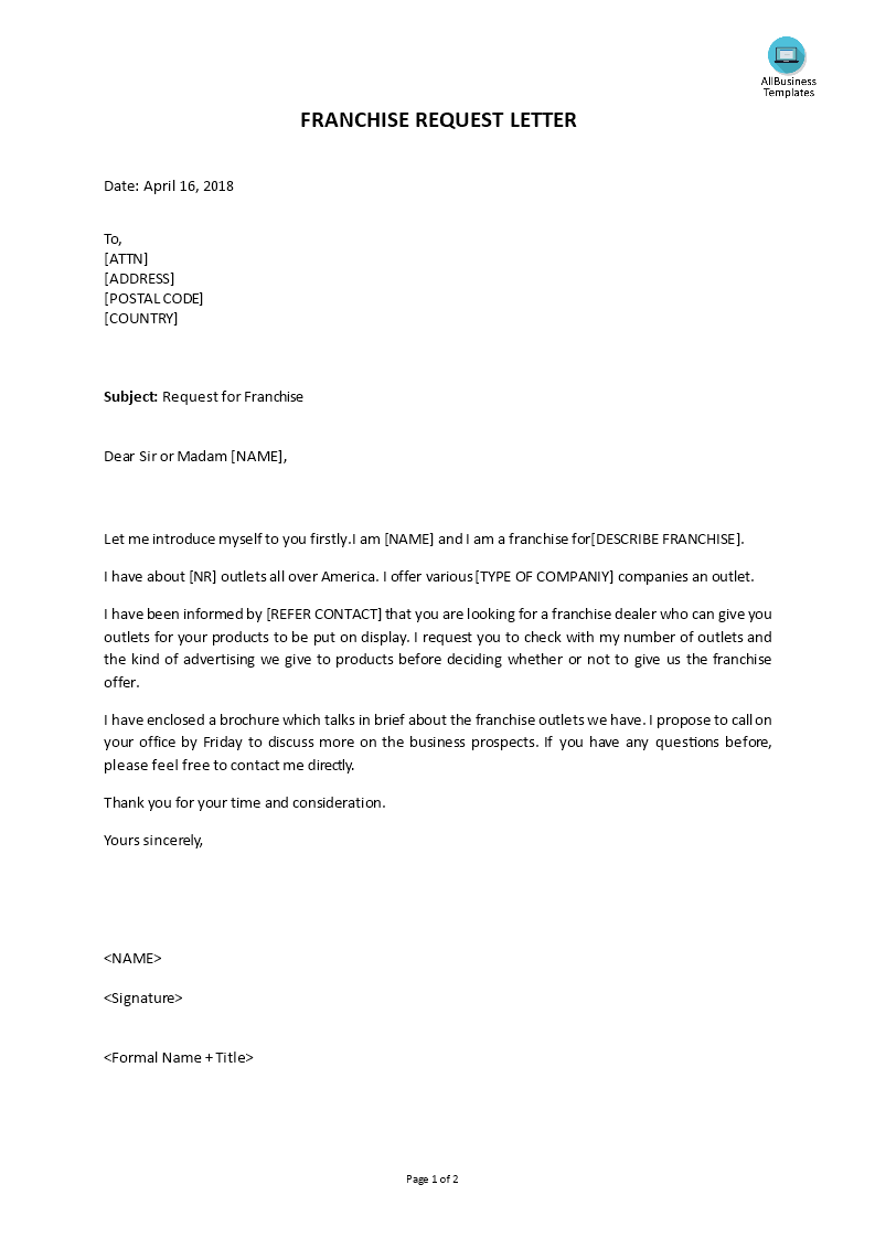 Kostenloses Franchise Request Letter