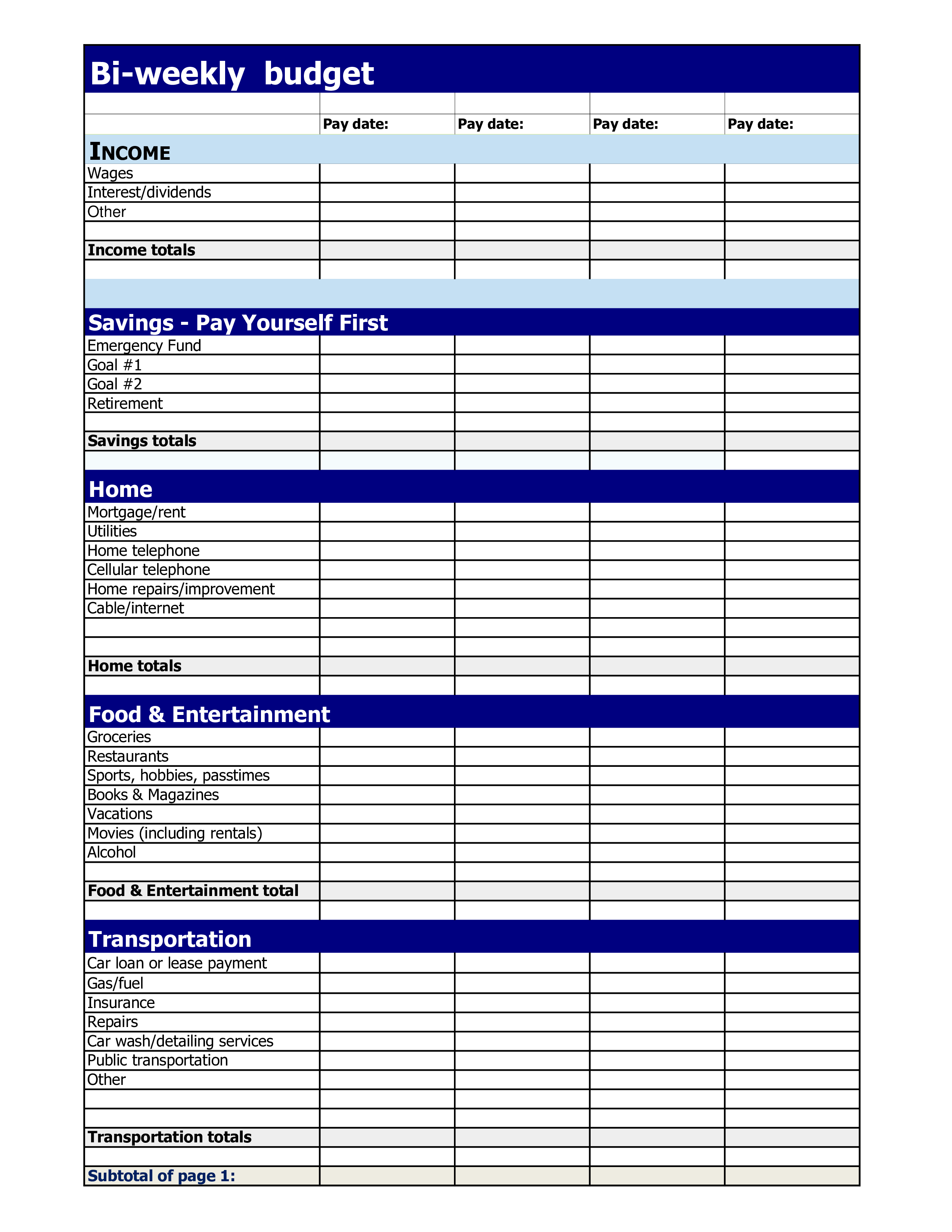 Printable Bi Weekly Budget Templates at