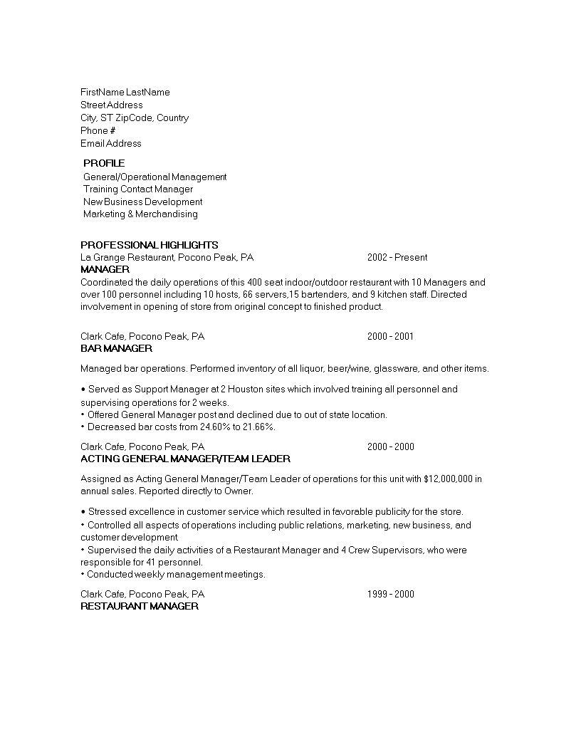 Restaurant Marketing Manager Resume example 模板