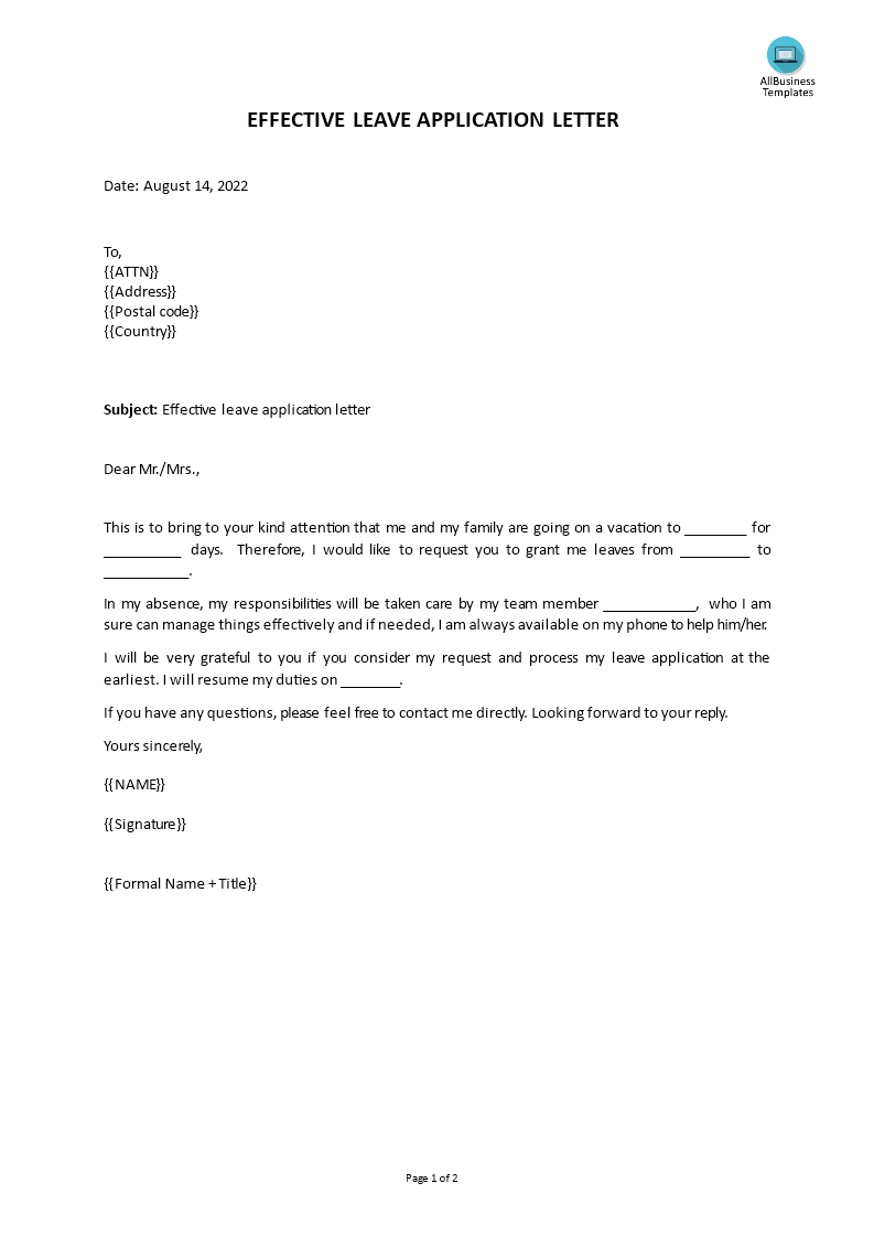 effective leave application letter template