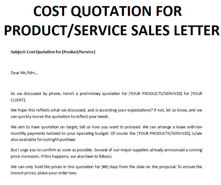 email cover letter for sending quotation