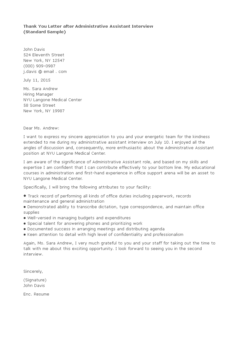 administrative assistant thank you for the interview letter template