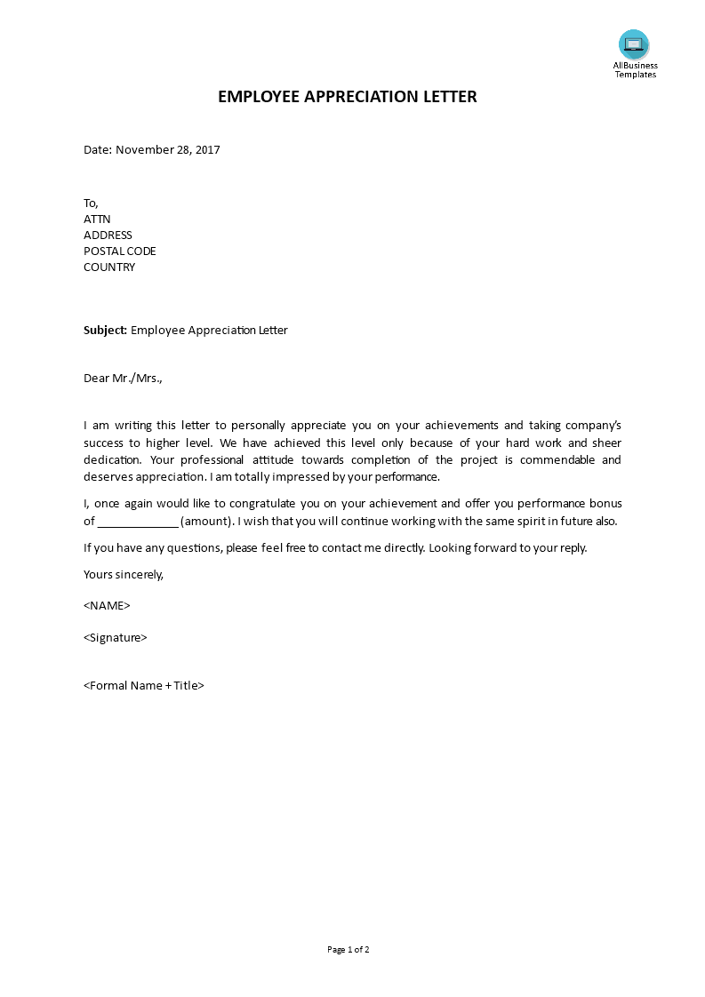 Employee Appreciation Letter template main image