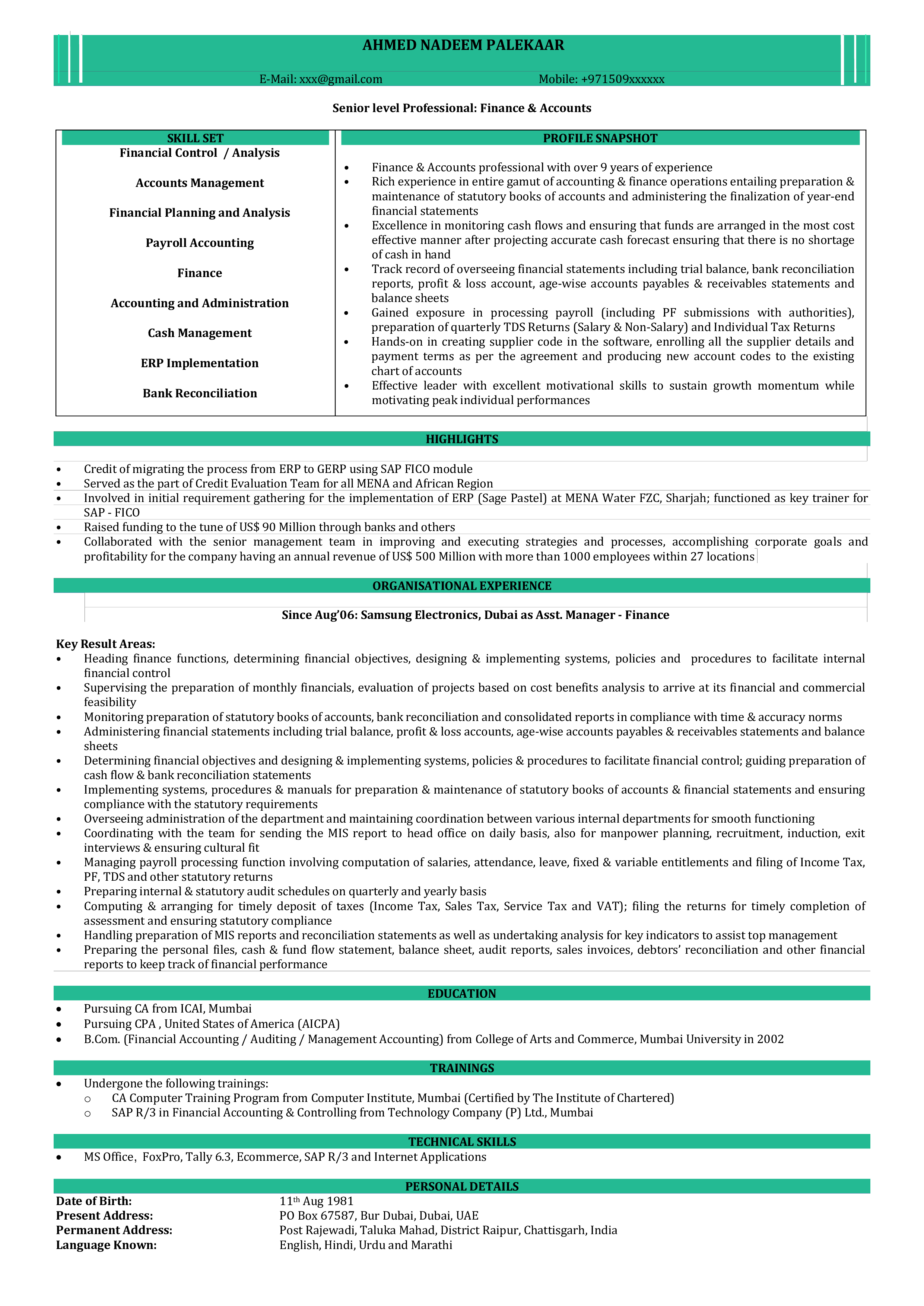 Chartered Accountant Resume Format 模板