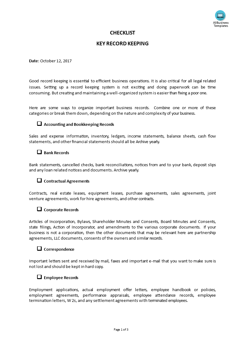 checklist_key record keeping template