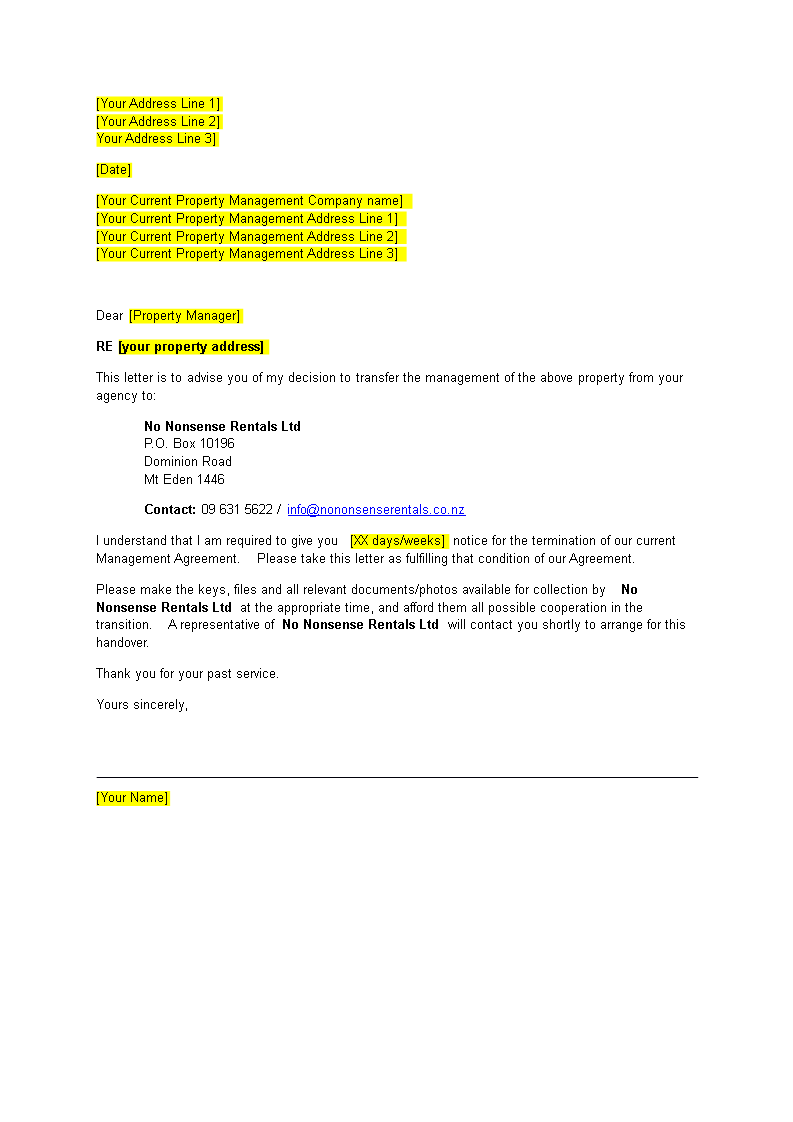 management company termination letter template