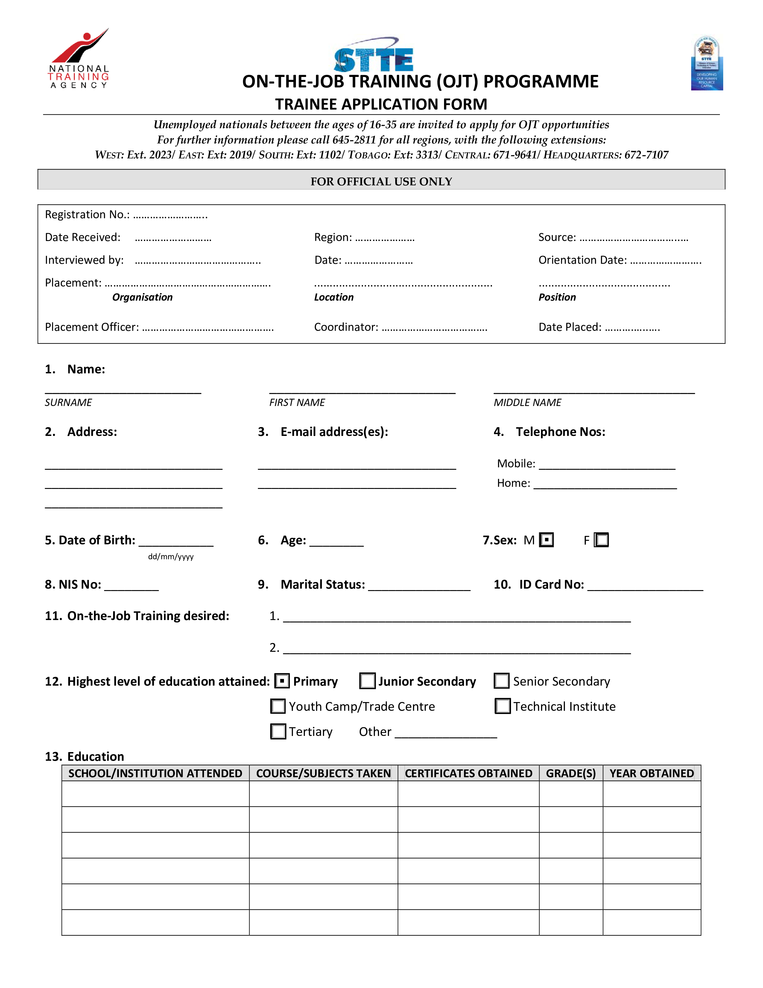 Training Form Template