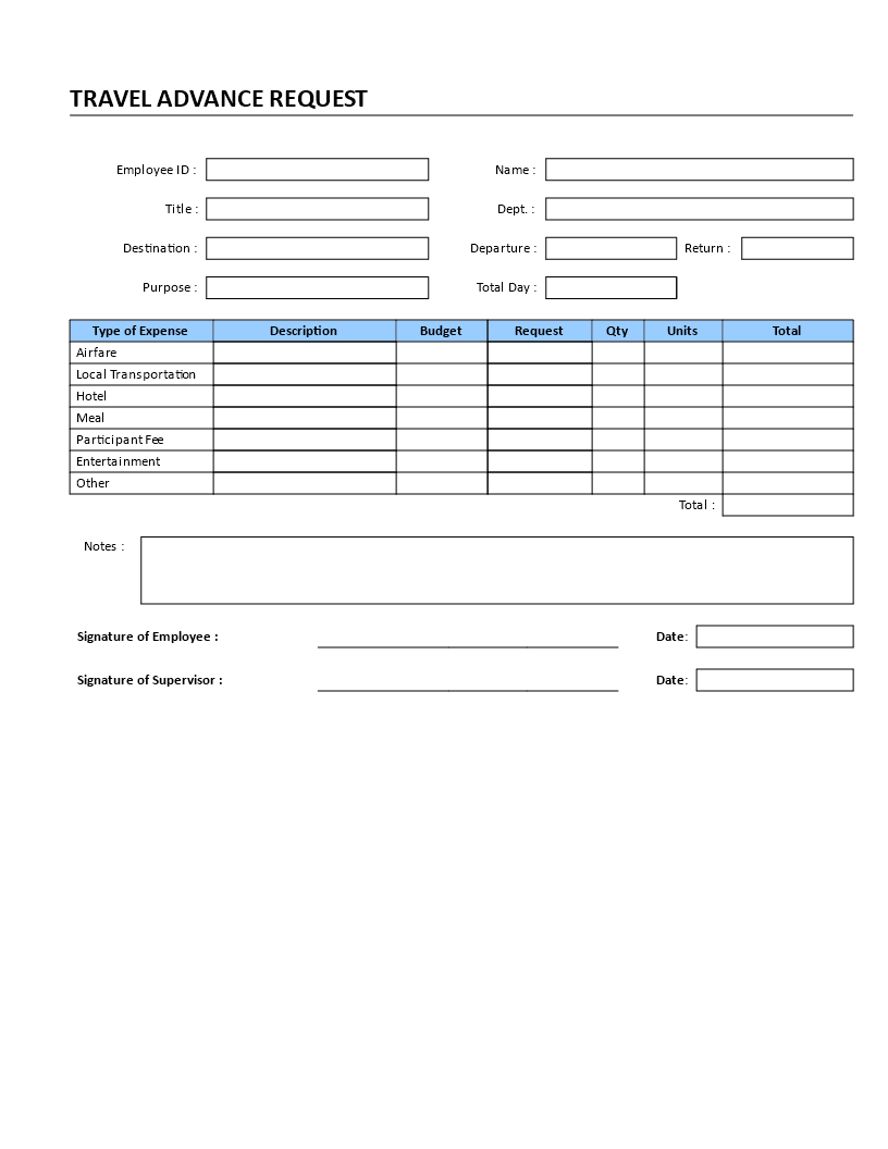 travel advance request modèles