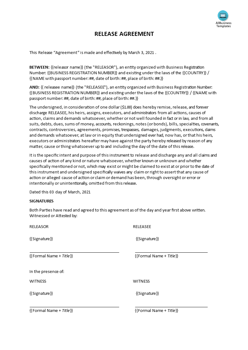 release agreement template template