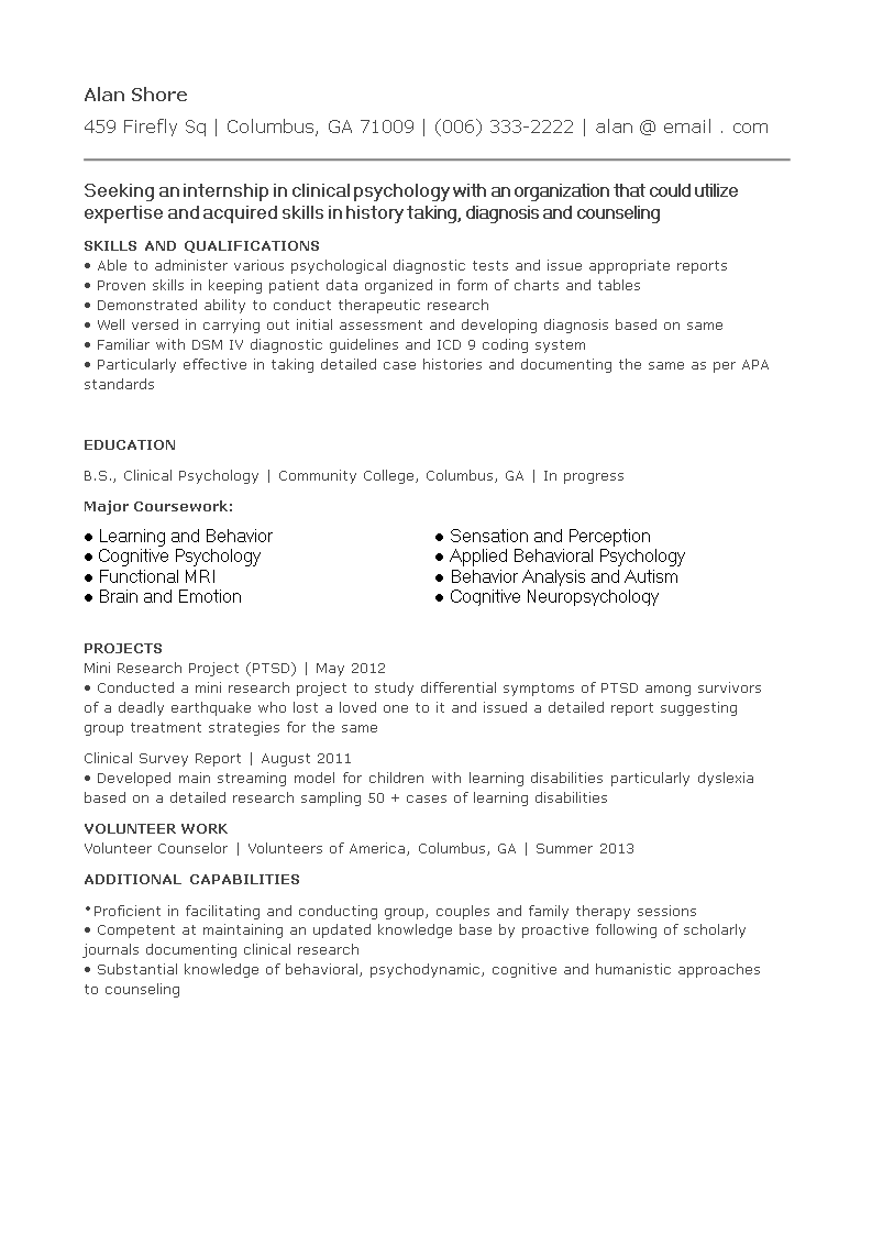 psychology internship curriculum vitae voorbeeld afbeelding 