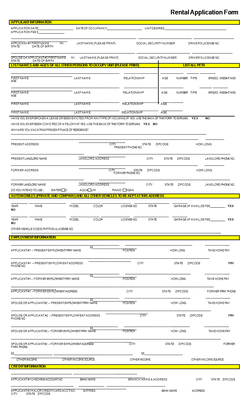 blank rental lease application form template