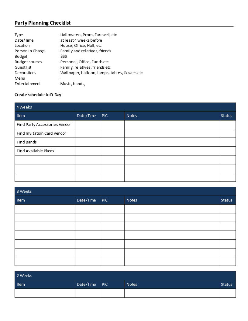 party planning checklist template