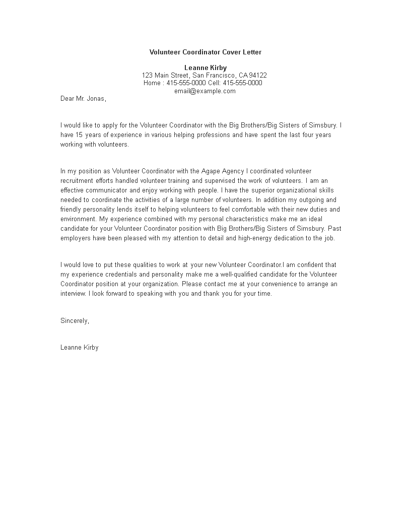 cover letter volunteer example