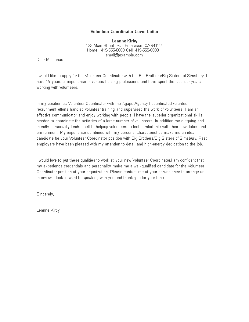 volunteer coordinator application cover letter modèles