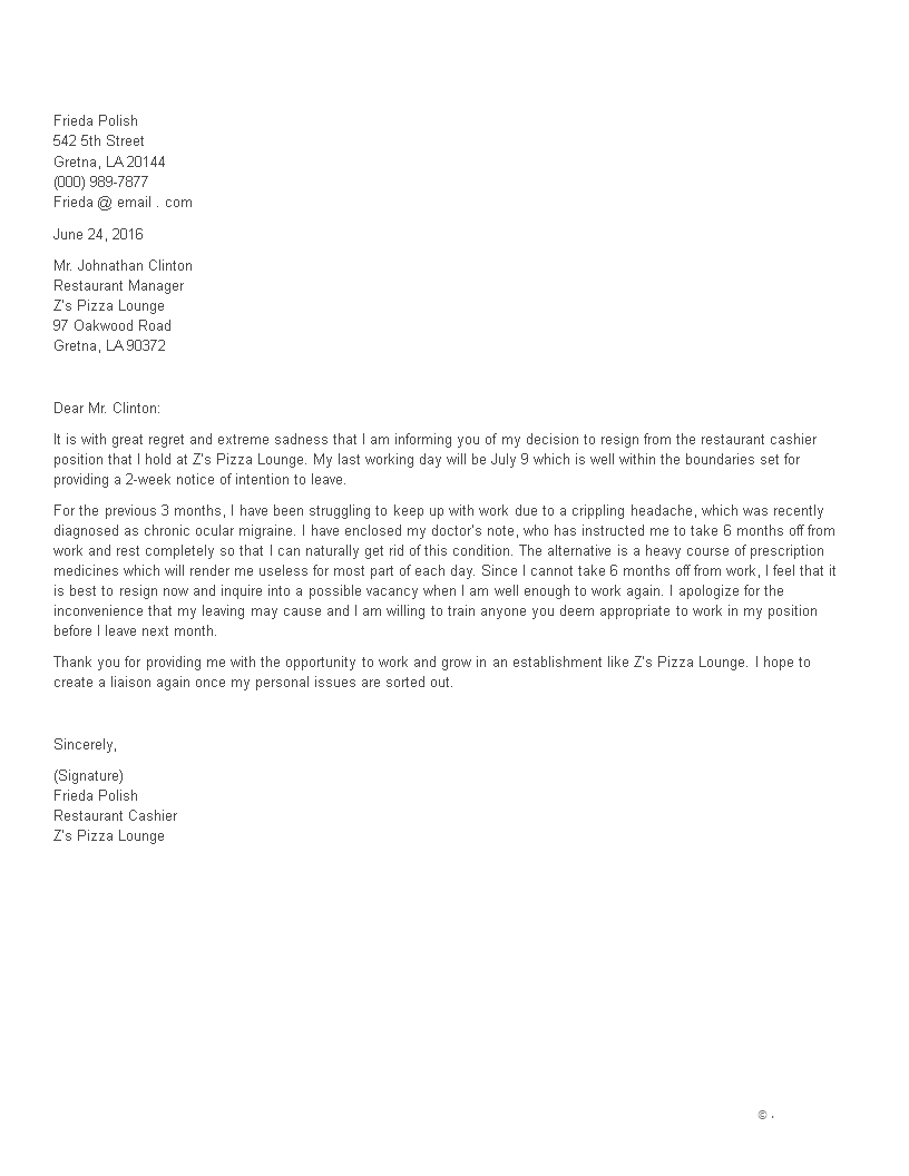 resignation letter for restaurant cashier plantilla imagen principal