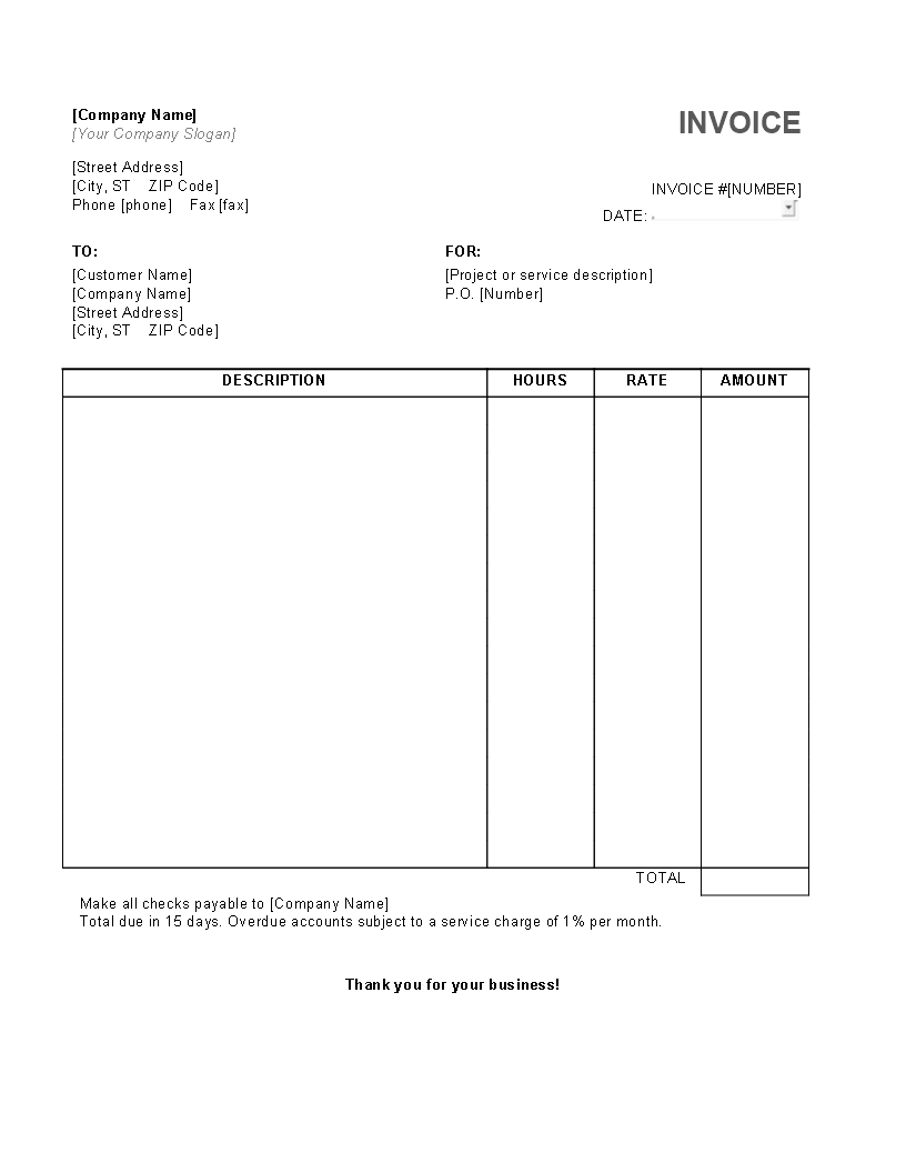 hourly service invoice word template